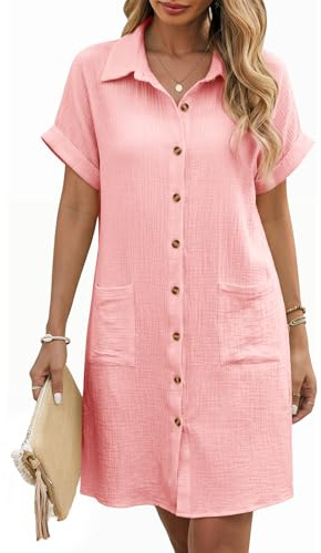 PASUDA Summer Dresses for Women UK Cotton Short Sleeve Button Down Shirt Dress Ladies Elegant Shift Knee Length Sundress Casual Beach Cover Ups with Pockets(Pink,XL)