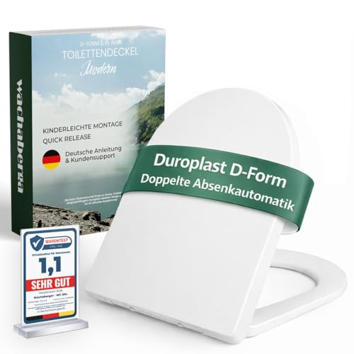 Toilettendeckel D Form mit Absenkautomatik, abnehmbarer Toilettensitz Duroplast, Klodeckel Softclose, WC Sitz weiß, inkl. 2 Montagesets & 6 Extra-Puffern, ACHTUNG: NICHT KOMPATIBEL FÜR OVALE WC's