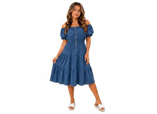Pretty Attitude Women's Off Shoulder Midi Dress Summer Smocked Waist Button Front Tiered Swing Dress Short Puff Sleeve Casual Holiday Dress One Size