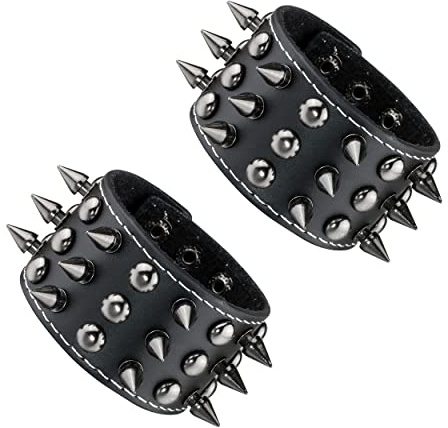 Manfnee 2Pcs Bracelet à clous Punk Gothique Rock Manchette Cuir PU Noir Biker Homme Femme Réglable