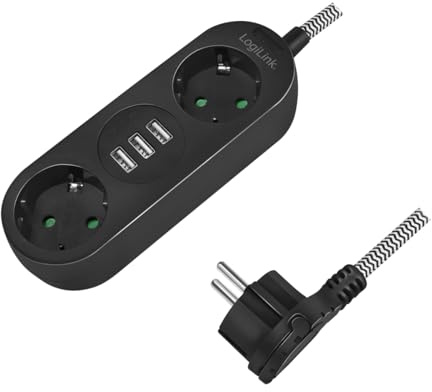 LogiLink LPS262U – 2 3-vägs grenuttag med 2 x CEE 7/3 och 3 x USB-A (5 V/3,2 A 16 W), med textilrock, IP20 och med inbyggd säkerhetsslutare (ökat kontaktskydd), svart