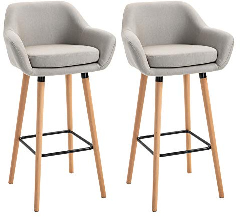 HOMCOM Tabourets de Bar Design scandinave - Lot de 2 tabourets de Bar Grand Confort avec Repose-Pieds et accoudoirs - Bois Massif Lin Beige