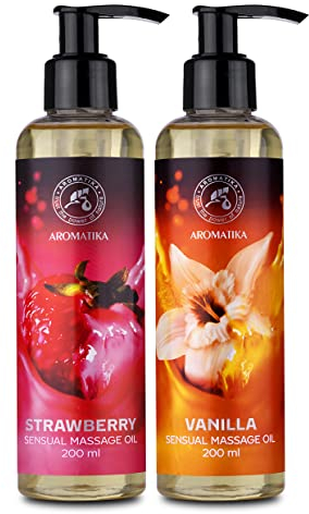 Sinnliches Massage Öle Set 2x200ml - Erdbeere und Vanille - Körper Massage Öl mit Mandelöl und Traubenkernöl - Essbar - Verzehrbar - Kissable Öl - Entspannungöl - Liebesöl - Massageöl für Paare