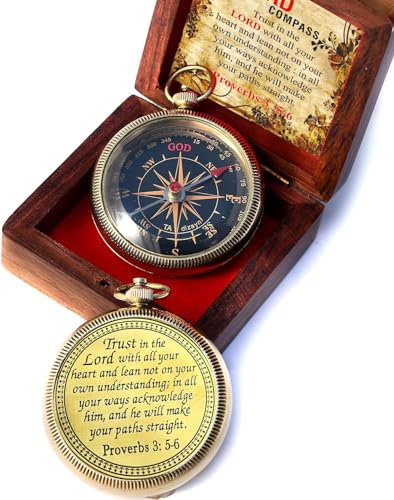Trust in The Lord with All Your Heart -Proverbs 3: 5-6 Quote Engraved Compass with Wooden Box, Camping Compass, Gift Compass, Gifts for Men -Graduation Gifts 2025 Compass for Women Mens Boy Girls