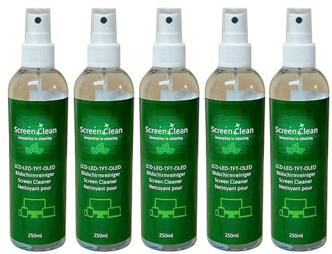 ROGGE Screen Clean, 5x 250ml Bildschirmreiniger, 100% Recycling R-PET hochwirksamer und sparsamer Premium Bildschirmreiniger für alle Displays geeignet. Streifenfreie Reinigung und biologisch abbaubar