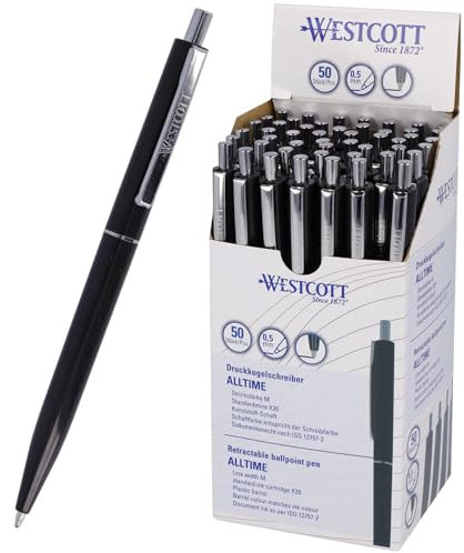 Westcott Kugelschreiber ALLTIME Schwarz 50 Stück | Vorteilspack Druckkugelschreiber mit schwarzer Tinte | Strichstärke M X20 Standardmine | Dokumentenecht ISO 12757-2 | Metallclip | E-737470 00