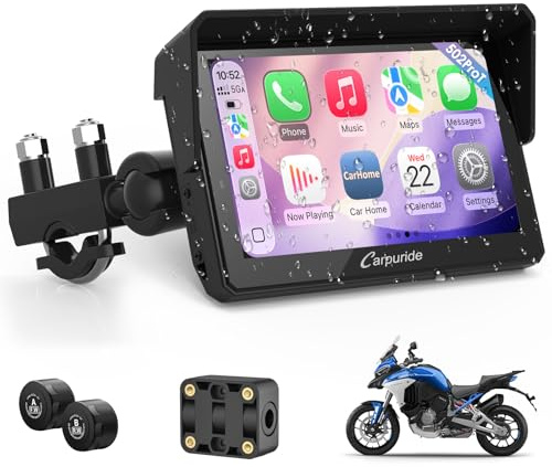 Carpuride W502TPRO pour moto CarPlay, Android Auto, TPMS et double Bluetooth - Écran GPS étanche 5 pouces pour moto, partage de musique, intercom, égaliseur, capteur de luminosité, boussole, baromètre