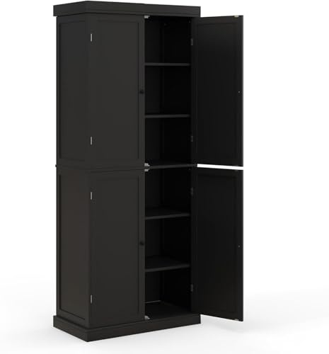 TANGZON 184cm Tall Kitchen Cupboard, 6-Tier Tall Storage Cabinet with 4 Doors & 2 Adjustable Shelves, Freestanding Wooden Sideboard Unit for Pantry Dining Living Room (Black)