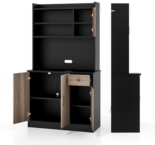 KOMFOTTEU Credenza Alta da Cucina 180 cm, Mobile Cucina Dispensa con Fori per Cavi, Mobile Buffet con 4 Ripiani Regolabili, 3 Armadi, per Soggiorno, Sala da Pranzo, 100 x 40 x 180 cm (Nero)