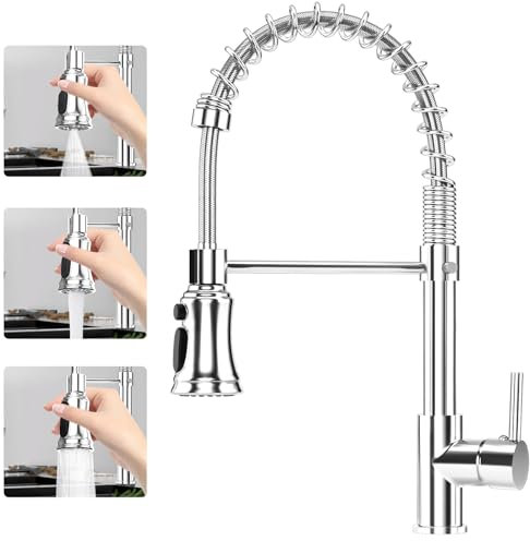 Hanviter Pull Out Kitchen Mixer Tap - 360° Swivel 3 Spray Modes Commercial Sink With Single Handle, Cold and Hot Water Control, Standard Fittings (Chrome)