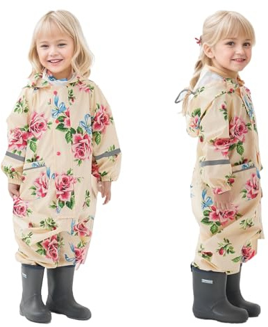 Dioshark Imperméable Bébé Filles Beige Combinaison de Pluie à Capuche Tout-petits Léger Respirant Imperméable Veste et Pantalon de Pluie avec Réfléchissante pour Outdoor Vélo Enfants 1-2 ans, Fleur