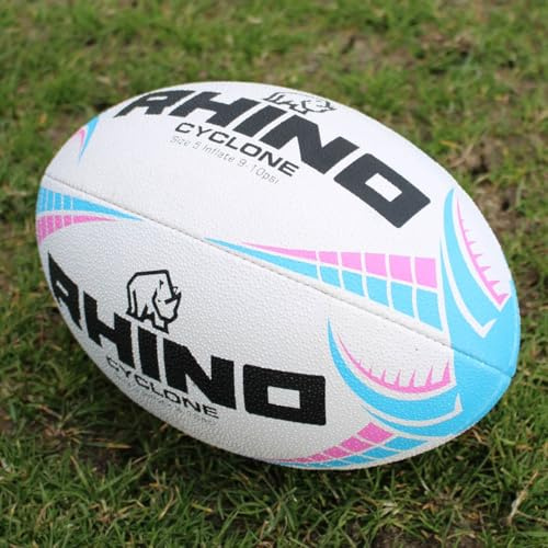 Rhino Rugbyball Zyklon Größe 5 Weiß/Hellblau/Rosa 3D-Griff 3-lagige laminierte Konstruktion Handgenähter Trainingsball