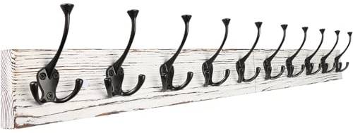 IBosins 34'' Coat Rack Wall Mount with 10 Tri-Hooks, Heavy Duty, Vintage White Color Wood Coat Hanger, Rustic Coat Hooks Rail for Entryway Living Room Coat Scarf Bag Towel Hat