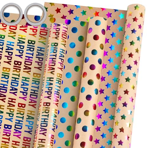 Hianjoo 3 Rollos de Papel de Regalo 43cm*300cm para decoración Fiesta DIY | Regalo de Cumpleaños Papel de Embalaje en Rollo con 2 Cintas Adhesivas de Doble para Cumpleaños Fiestas Bodas y Festivales