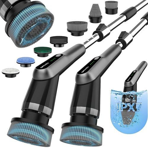 Dreazu G2-Pro Electric Spin Scrubber - Upgraded 10-in-1 scrubber brush electric, Retractable Handle & 2-Speed for Bathroom, Bathtub, Kitchen, Tile Floors(Gray Brush Head）