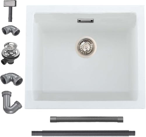 Fregadero de cocina iAnomla de cuarzo blanco, 50x45cm/20x18in, kit de desagüe y rebosadero para fregadero de cocina pequeño compuesto, de un solo tazón, comercial con rebosadero, adecuado para