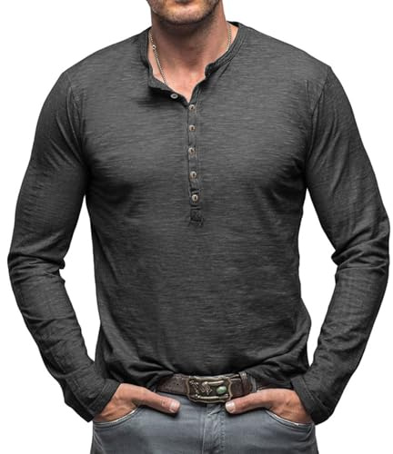 Henley Shirts Maglietta da uomo a maniche lunghe, scollo a V, vintage, slim fit, con abbottonatura, M-3XL, grigio scuro, XL