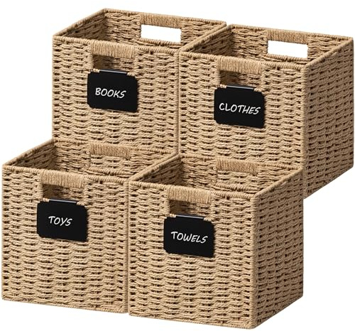 UBBCARE 4 Pack Small Wicker Basket, 9×9 Storage Cubes with Label, Foldable Cube Storage Bin with Handle, Square Storage Basket for Shelves, Woven Paper Rope Basket for Organizing, Brown