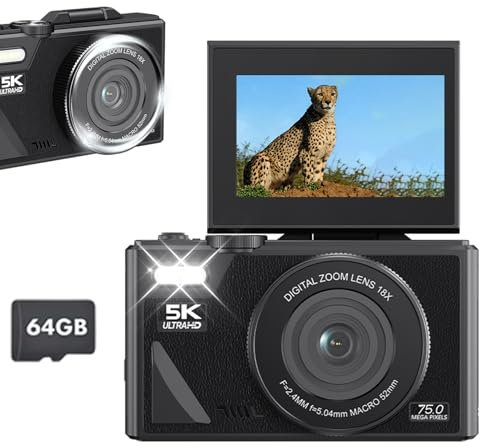 EMEBAY Fotocamera digitale, fotocamera digitale compatta 5K 75MP con scheda da 64 GB, fotocamere selfie per fotografia, zoom 18X/videocamera Vlog/schermo flip da 3 pollici/anti-shake, videocamera