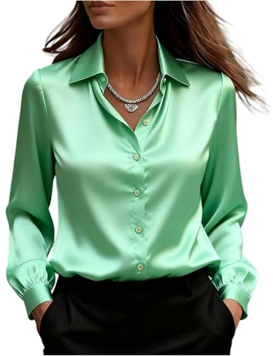 Chemisier Satin Femme,à col en V La Soie Élégante Blouse Chic Manches Longues Chemise Boutons Ample à Manches Longues Chemisier de Soirée Business Top Vert M
