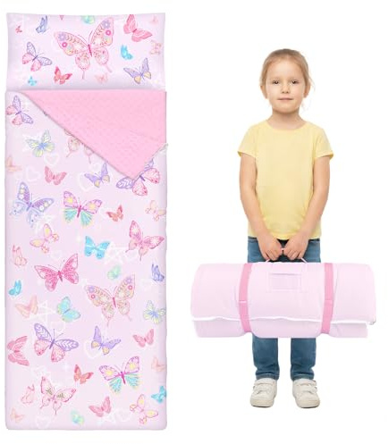 Schlafsack Kinder mit Kissen Abnehmbar, Leicht Warm Kinderschlafsack mit Doppelter Reißverschluss für Mädchen Jungen, Faltbare Schlafsack für Indoor Outdoor Camping,150×60cm, Schmetterling