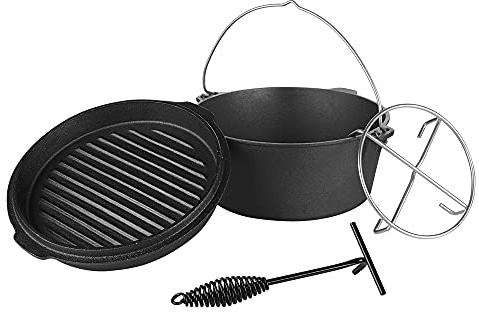 Mucola Dutch Oven 31x14 cm Gusseisen 9 Liter ohne Füße Schwarz | Feuertopf Schmortopf Bräter Gusstopf inkl. Deckel & Deckelheber | Campingtopf Outdoor BBQ Kochtopf 8-14 Personen Feuerschale Grill