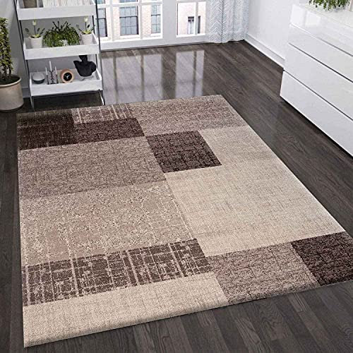 VIMODA Wohnzimmer Teppich Kurzflor in Beige Braun Designer Teppiche Modern Kachel-Optik Kariert Pflegeleicht, Maße:160x230 cm