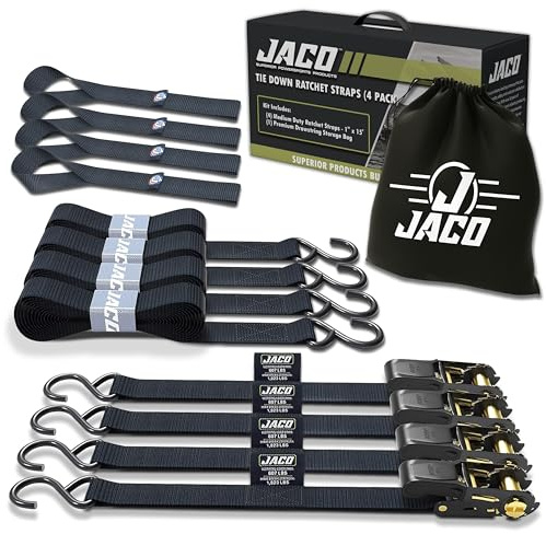 JACO Ratchet Tie Down Straps - 1 inch x 15 ft (Pack of 4) | 1,823 lbs (Black)