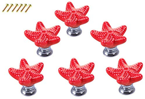 POFET Lot de 6 boutons de porte vintage en céramique en forme d'étoile de mer pour armoire, placard, chambre d'enfant - Rouge