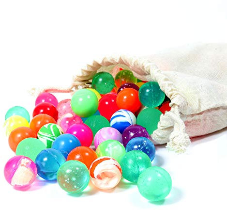 Flummis im Beutel - 100 Flummis im Stoffbeutel - Beiger Beutel & Bunte Flummis Ø 20 mm