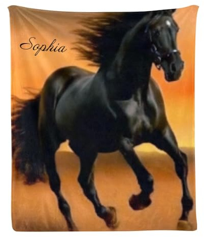 Custom Blanket Personalized Black Horses Soft Fleece Throw Blanket with Name for Gifts Sofa Bed (50 X 60 inches)