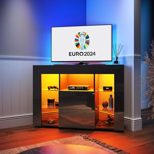 ELEGANT Corner TV Stand with RGB Lights, 100cm High Gloss Black TV Unit with 2 Glass Shelves and 2 Drawers(Rebound Device), Led TV Unit for Living Room