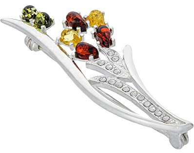 AMBEDORA Damen Lilienbrosche mit Bernstein | Baltischer Naturbernstein in drei Farben | Sterling Silber 925 Poliert | Ein Geschenk für jeden Anlass