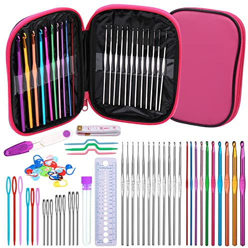 Ruasol Häkelnadel-Set, 60-teiliges Häkelnadel-Set mit Aufbewahrungsbox, ergonomische Stricknadeln, stumpfe Nadeln, Stichmarker, DIY-Handstrick-Handwerkskunst-Werkzeuge für Anfänger