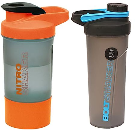 Pack of Blue Bolt Shaker + Orange Nitro Shaker - 600ml with 700ml Steel Wire Whisk Ball, Measuring Guide, Flip/Screw Cap and Detachable Jar Spill Proof Protein Shaker Bottle Sport Bottles Fitness Gym