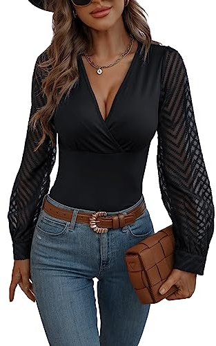 GORGLITTER Langarmshirt Mit V Ausschnitt Damen Mesh Oberteil Langarm Wickeltop Elegant Netzstoff Shirt Schwarz M