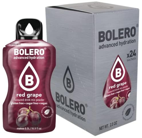 Boléro RED GRAPE 24x3g | Jus en poudre sans sucre, édulcoré à la stévia + vitamine C | pour enfants et sportifs | sans gluten, végétalien | goût de raisin rouge