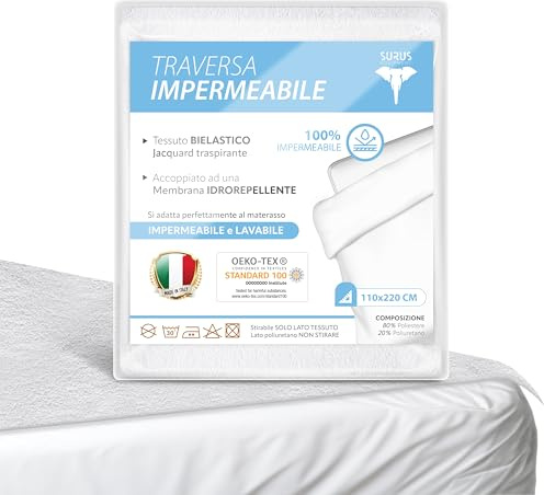 Surus Equipment Traversa Impermeabile Matrimoniale 110x220 cm, MADE IN ITALY e OEKO-TEX®, Antiacaro, Traspirante e Lavabile, Proteggi Materasso Ipoallergenico e Resistente