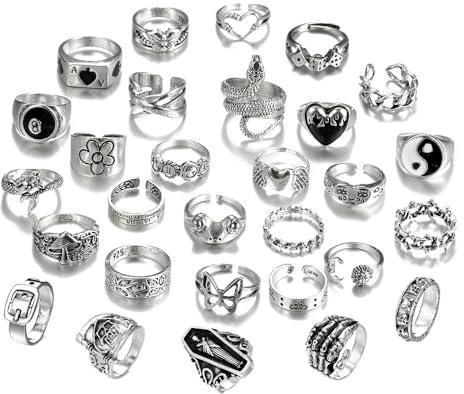 Hifot 29 Stück Y2K Ringe Set für Damen und Männer - Gothic Emo Silber, Punk Grunge Vintage - Herz, Schlange, Blume, Schmetterling, Yin Yang, Totenkopf, Frosch Accessoires Schmuck
