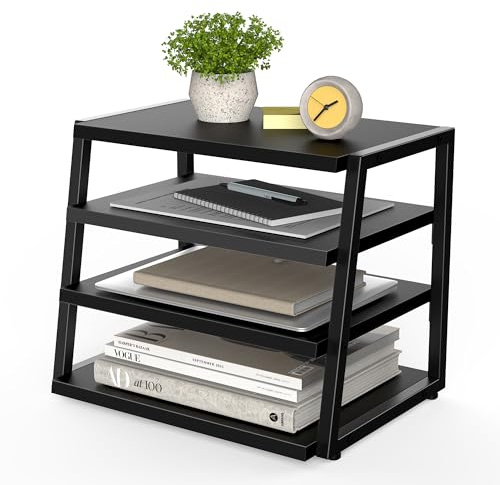 Fenge Desk Organizer 4 Tiers File Organizer for Desk, Wood+Metal Desktop Storage Rack Shelf for Office Supplies and Accessories Black