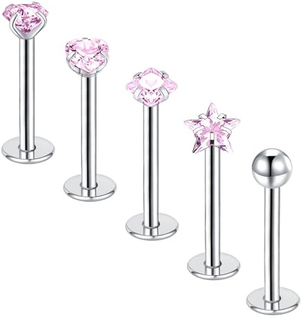 Gojewen 5 Piezas Piercing Labret 10mm Rosa Labret Stud Acero Quirúrgico 1,2mm Piercing Labio Hélix Monroe Medusa Joyería
