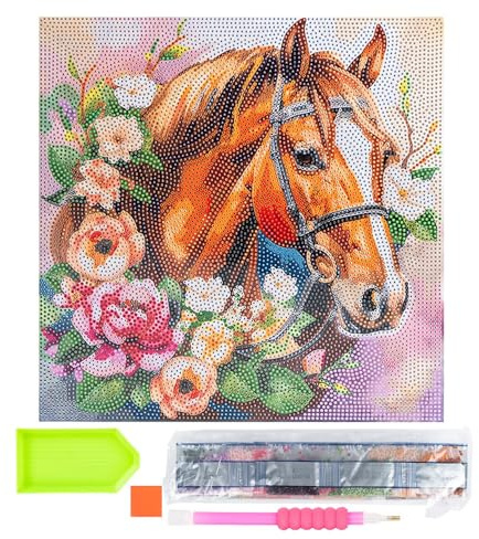 Ideen mit Herz Diamond-Painting-motivduk på kilram | 30 cm x 30 cm | Set inkl. verktyg (häst med blommor)
