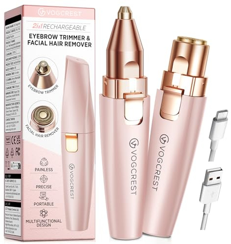 VG VOGCREST Recortador facial de cejas: 2 en 1, recargable, depilación facial y afeitadora de cejas, afeitadora facial sin dolor para cara, labios y cuerpo, con luz LED integrada (pink)