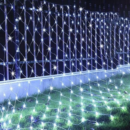 KINGCOO Luci a rete a batteria, 192 LED, impermeabili, 8 modalità, per interni ed esterni, Natale, giardino, cortile, feste, matrimoni, vacanze, decorazione da parete (bianco, 3 x 2 m)