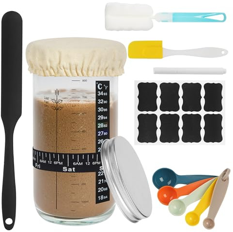 Bocal de Démarrage pour Levain, Kit Boulanger Levain, Accessoire de Cuisson Réutilisable, avec Couvercle en Aluminium, Bande de Température, Toile de Fermentation, Bande d'alimentation Datée (1000ML)