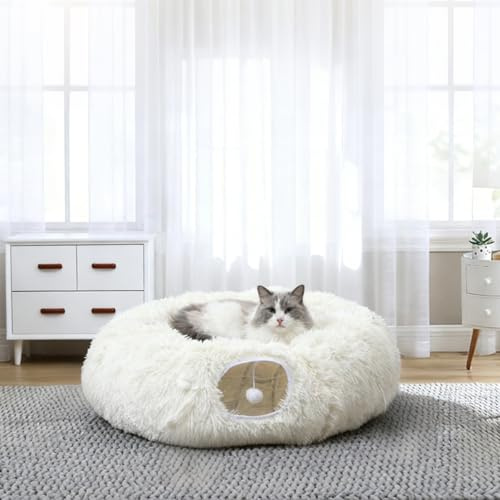 RELAXLATE Large Cat Tunnel Bed for Indoor Cats,Cat Bed, Cat Tunnel Christmas Tree Skirt, Cat Donut Tunnel Toys with Warm Soft Plush, for Cats, Kittens, Small Pets (White)