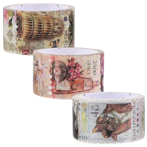 MAGICLULU 3 rouleaux Ruban Washi Adhésif Vintage Décoratif Motifs Timbres Portable pour Scrapbooking Bricolage Autocollants Créatifs