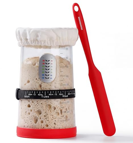 HIAWEMADE 40oz Sourdough Starter Jar with Feeding Tracker – Thickened Clear Glass Fermentation Jar (1.2L) w/Date Marked Band, Thermometer Strip, Cloth Cover & Spatula – Sourdough Kit for Home Bakers