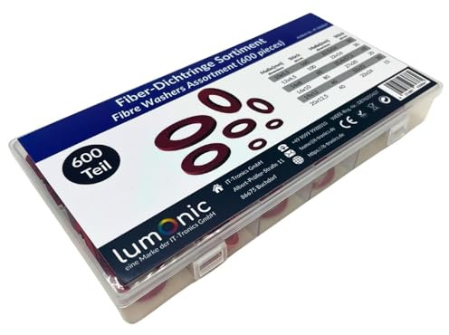 Lumonic Gamma di anelli di tenuta in fibra | 600 pezzi, 12 dimensioni comuni (10-32mm) | Set di guarnizioni piatte sanitarie | in una pratica scatola di assortimento