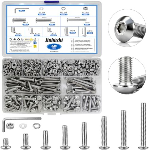 Jiahezhi Set di 648 viti a testa bombata M5 e dadi, M5 x 8/10/14/16/20/25/30/35 mm, viti per macchine con rondelle per fai da te e progetti di costruzione